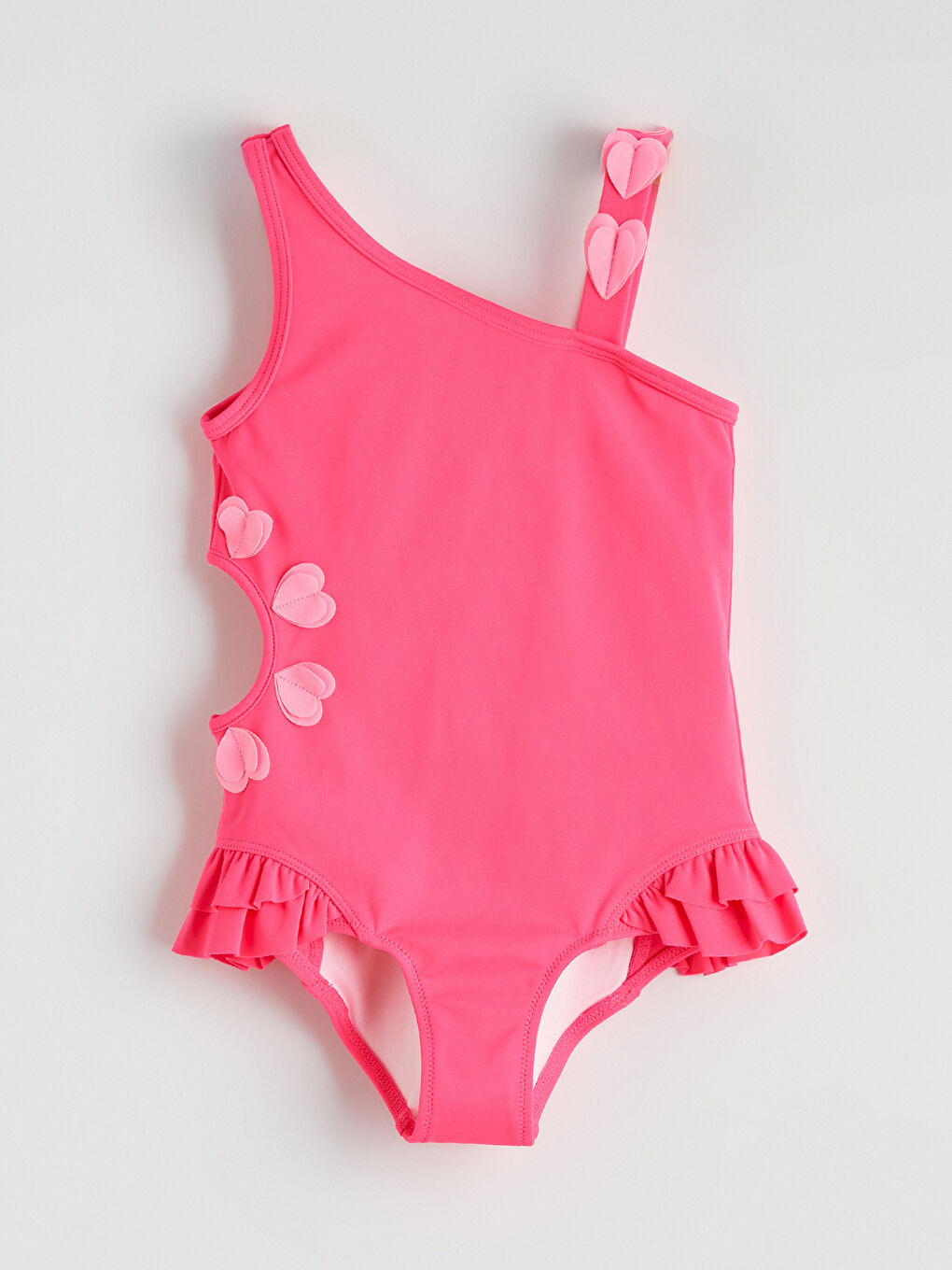 Pembe Kalp Aplikeli Fırfırlı Kız Çocuk Mayo