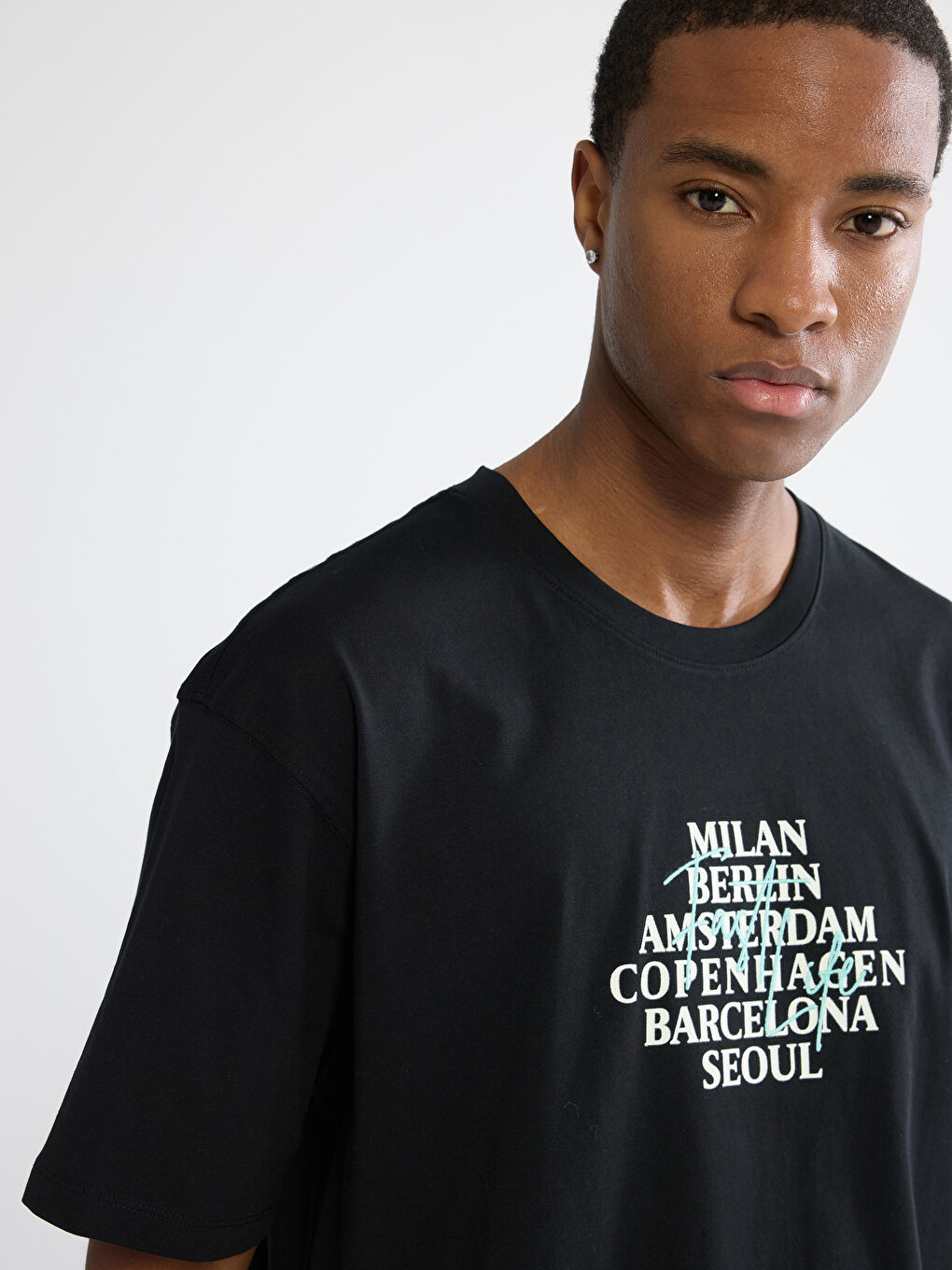 Siyah Bisiklet Yaka Baskılı Penye Erkek Tişört