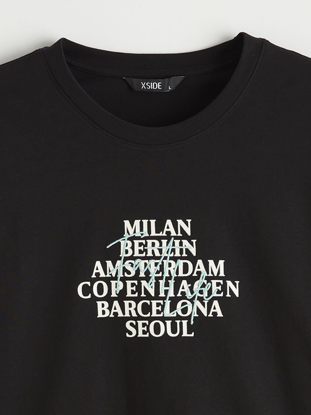 Siyah Bisiklet Yaka Baskılı Penye Erkek Tişört-5