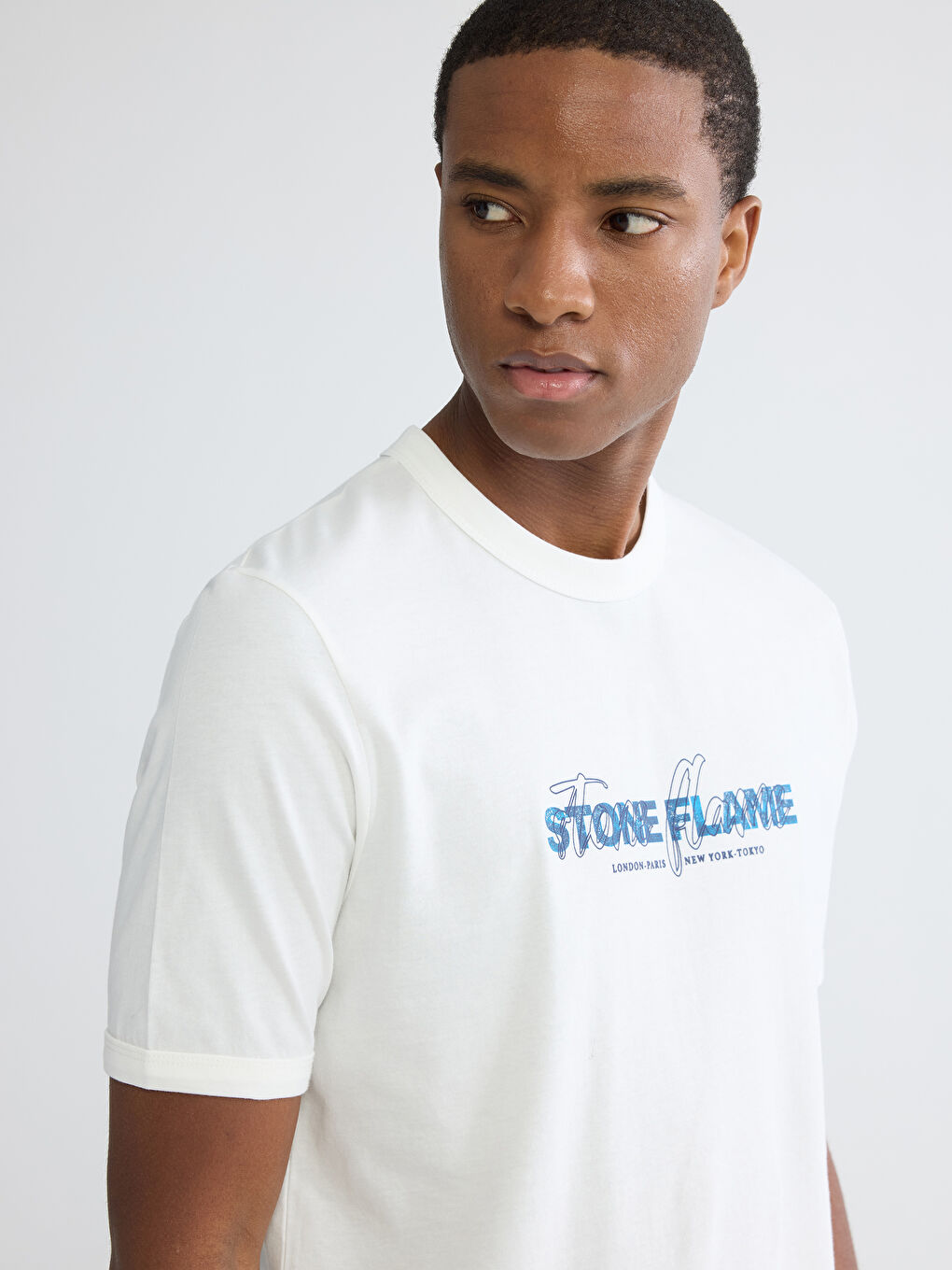 Ekru Bisiklet Yaka Erkek Baskılı Penye Erkek Tişört-2