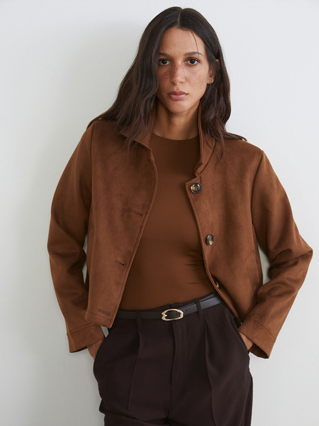 Collared Neck Faux Suede Woman Jacket