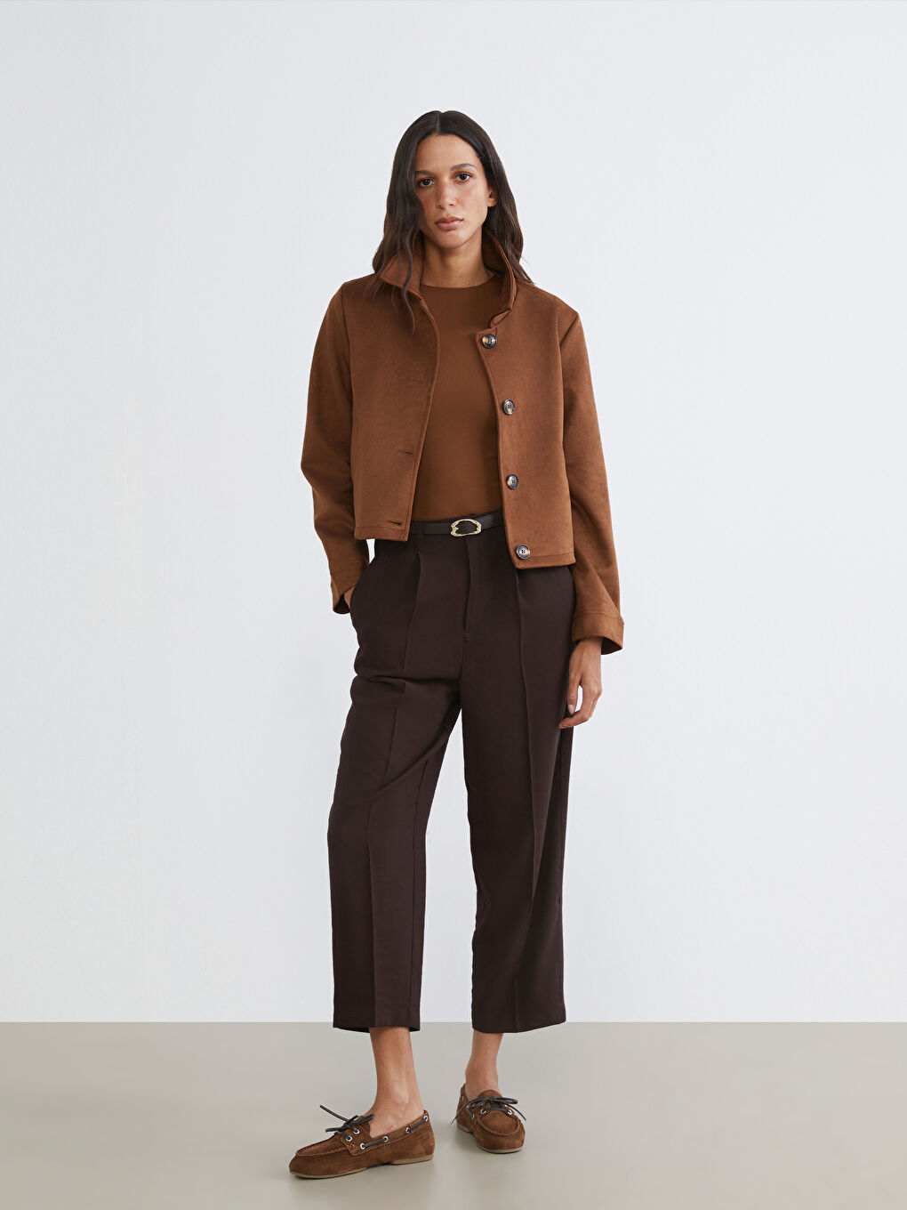 Collared Neck Faux Suede Woman Jacket-1