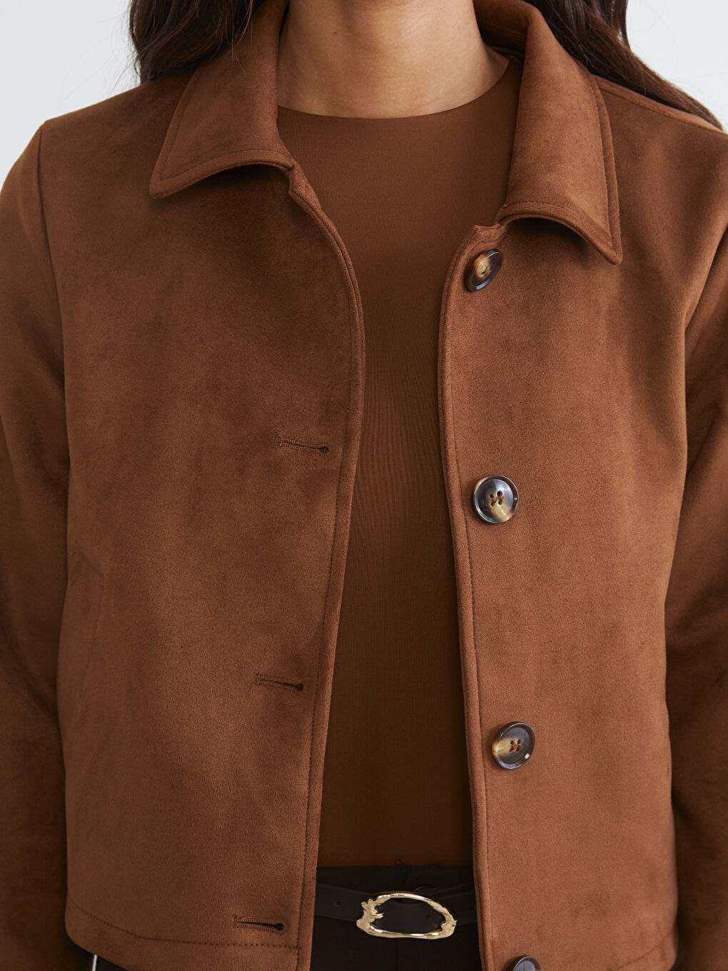 Collared Neck Faux Suede Woman Jacket-2