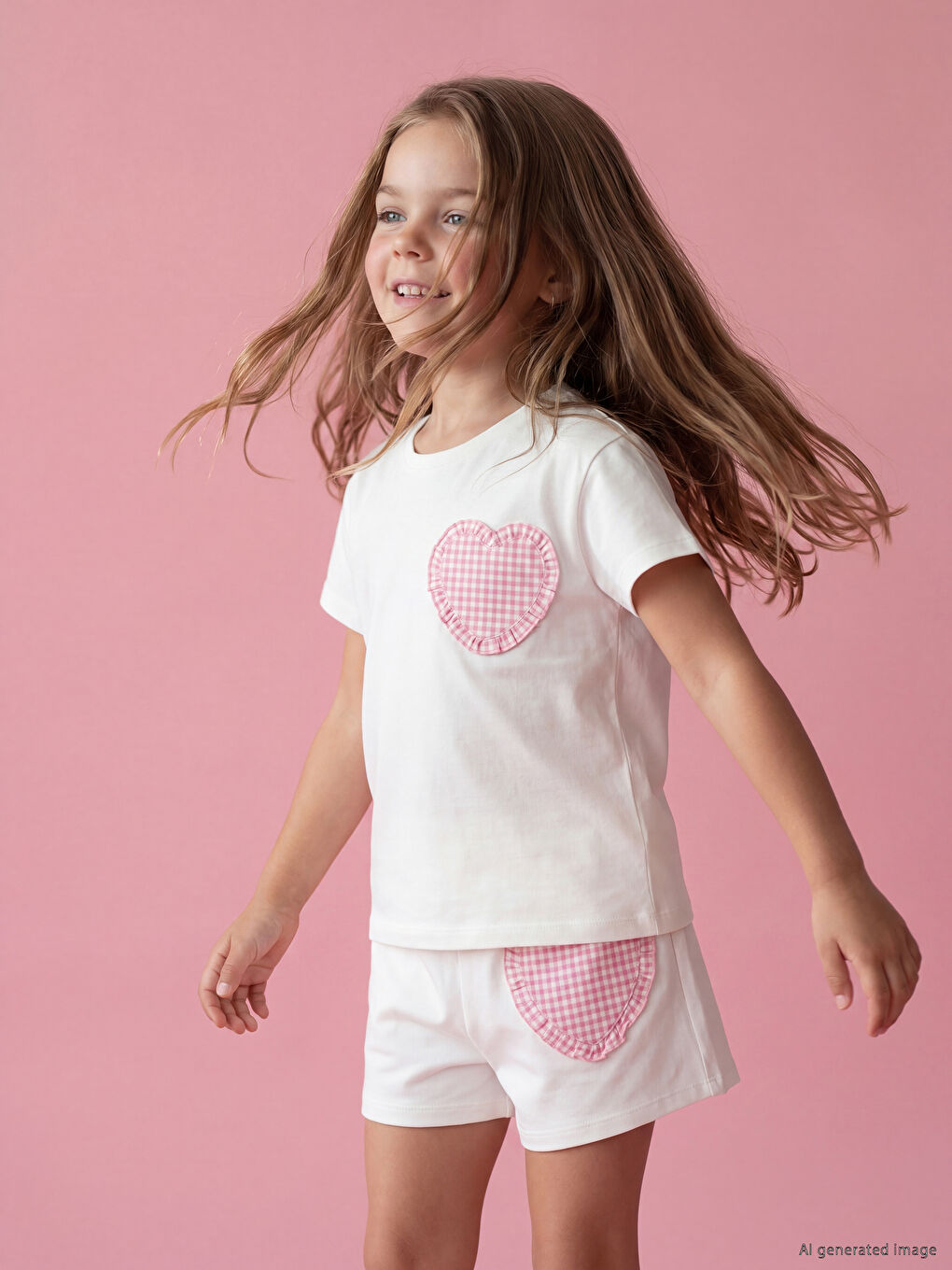 Crew Neck Heart Detailed Girls' T-Shirt-1