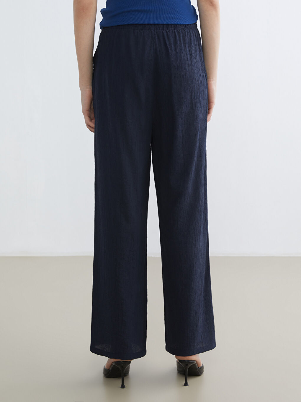 Lacivert Beli Lastikli Geniş Paça Kadın Pantolon	-3