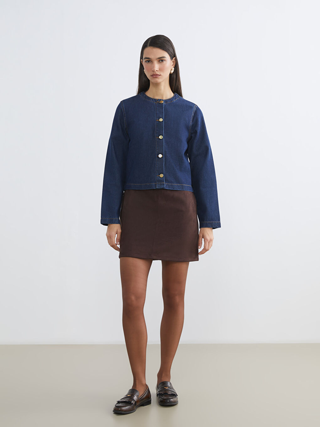 İndigo Bisiklet Yaka Kadın Jean Ceket-1