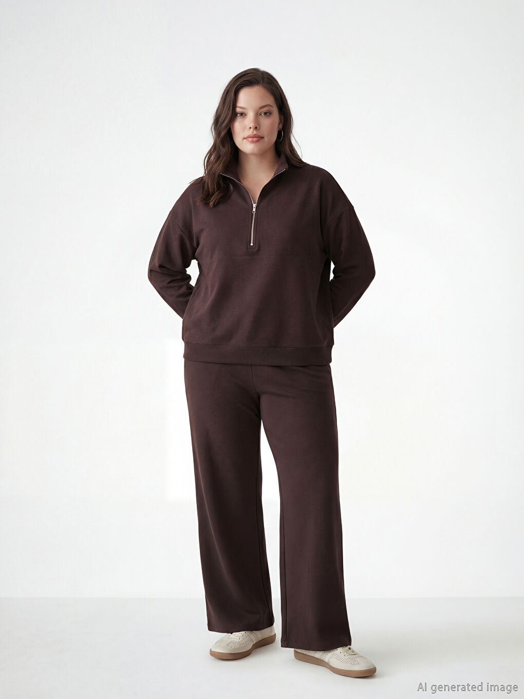 Kahverengi Beli Lastikli Geniş Paça Kadın Eşofman Altı-1