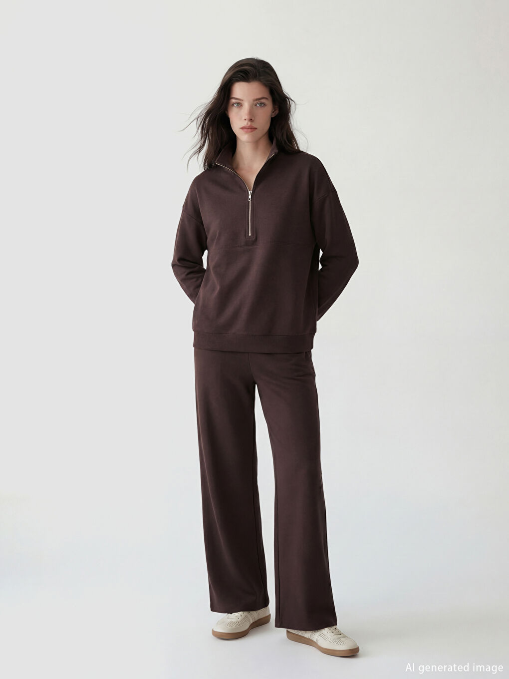 Kahverengi Beli Lastikli Geniş Paça Kadın Eşofman Altı