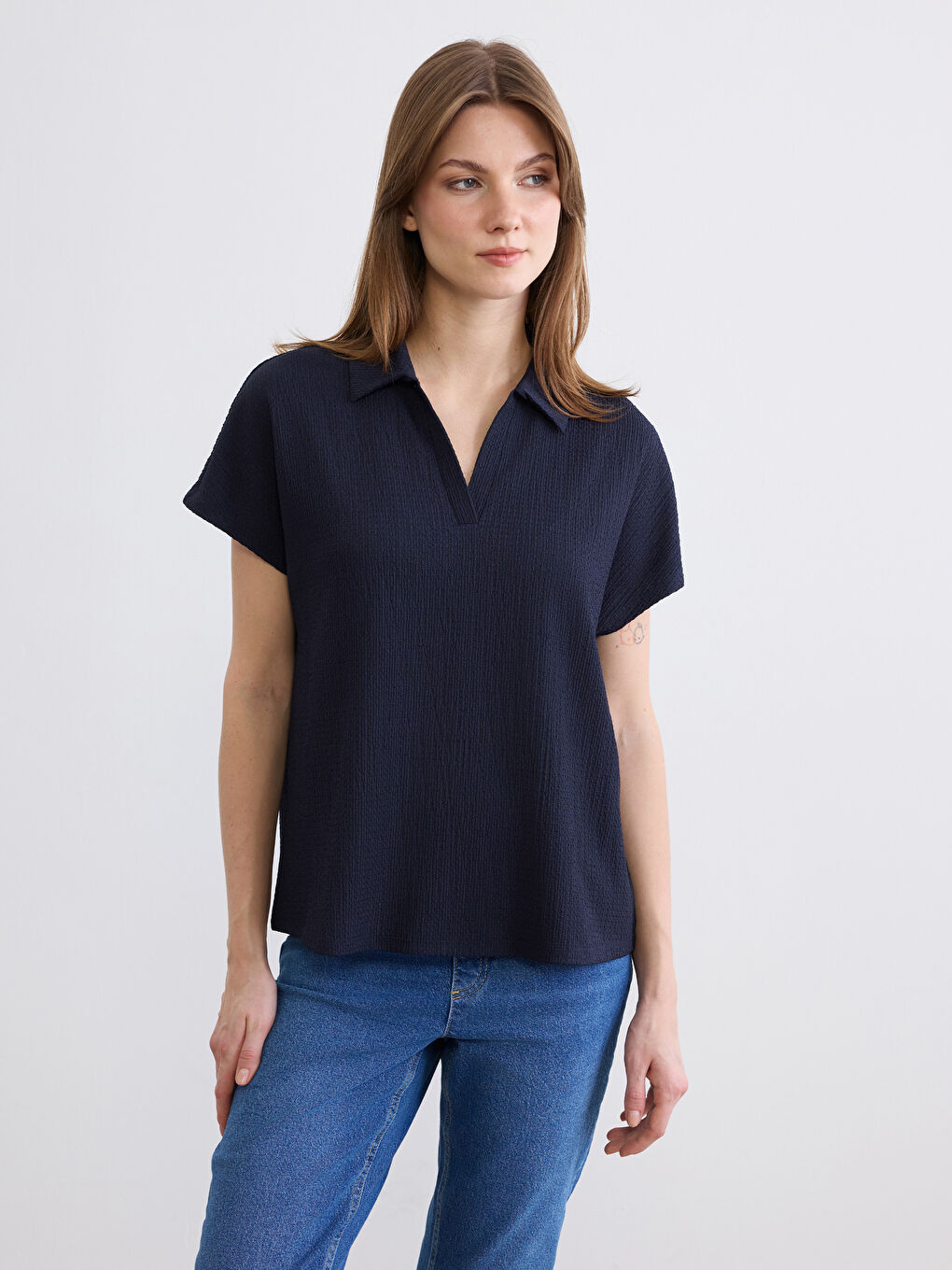 Polo Neck Textured Women's T-Shirt
