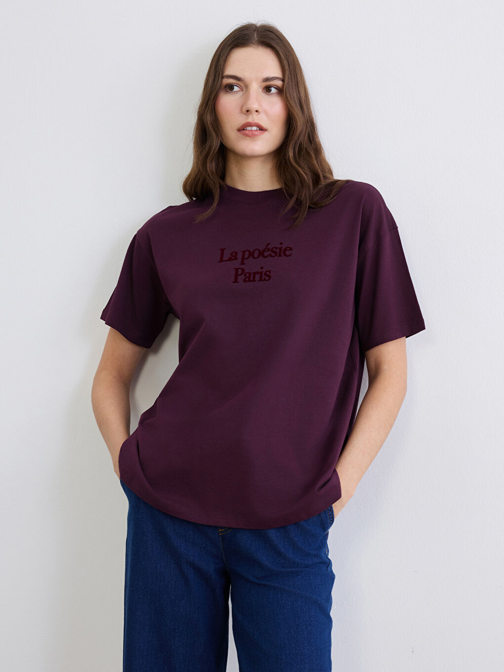 Mürdüm Bisiklet Yaka Paris Baskılı Kadın Tişört