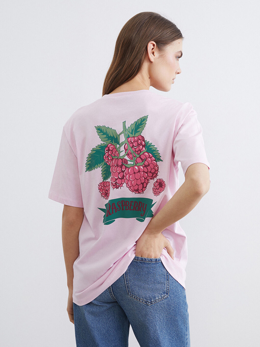 Pembe Bisiklet Yaka Baskılı Oversize Kadın Tişört