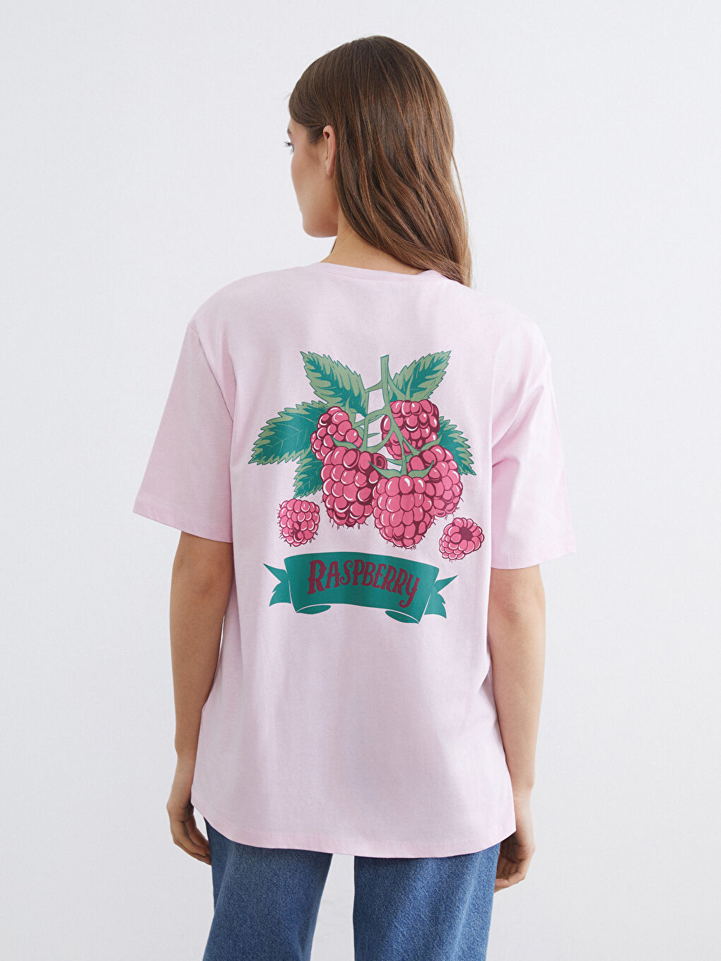 Pembe Bisiklet Yaka Baskılı Oversize Kadın Tişört-3