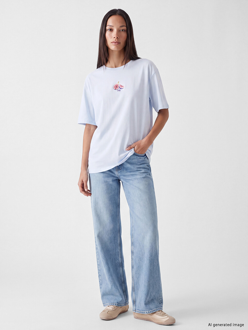 Mavi Baskılı Oversize %100 Pamuklu Kadın Tişört-1