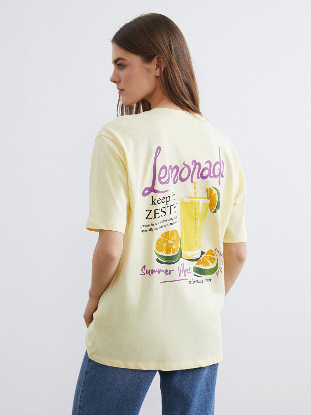Sarı Bisiklet Yaka Baskılı Oversize Kadın Tişört