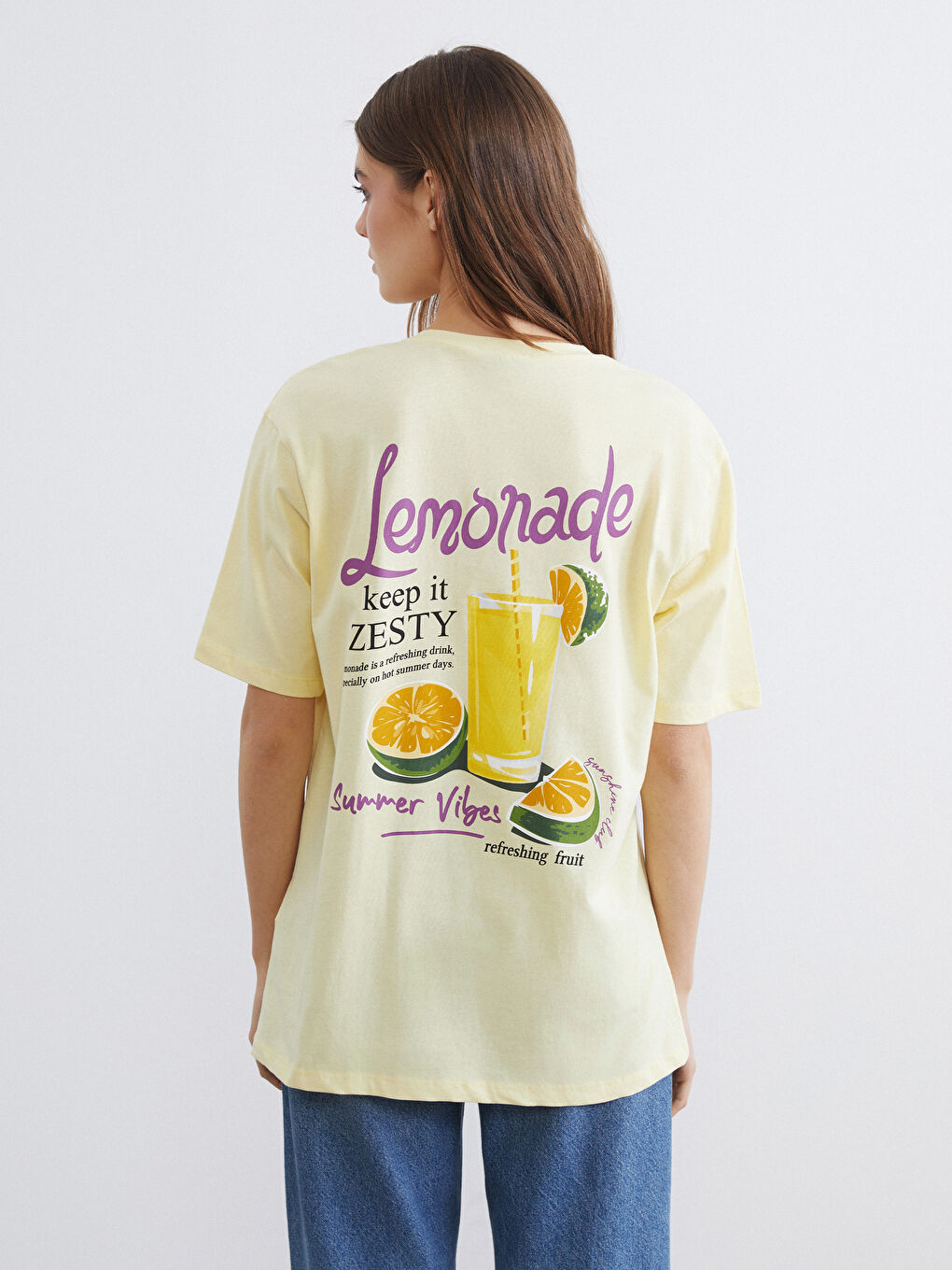 Sarı Bisiklet Yaka Baskılı Oversize Kadın Tişört-3