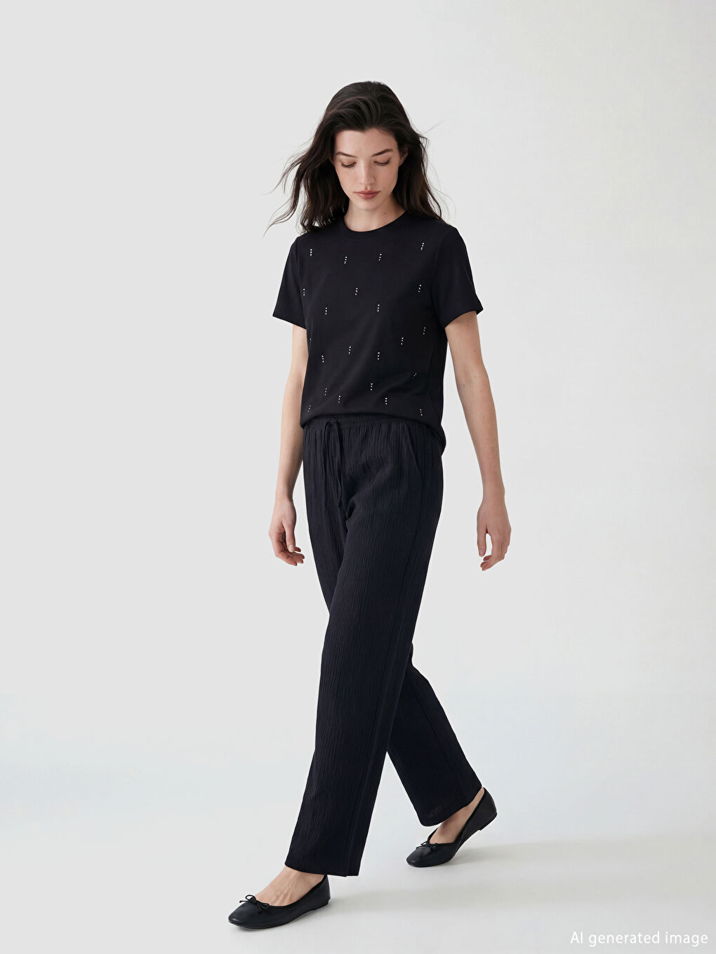 Elastic Waist Textured Women's Trousers
