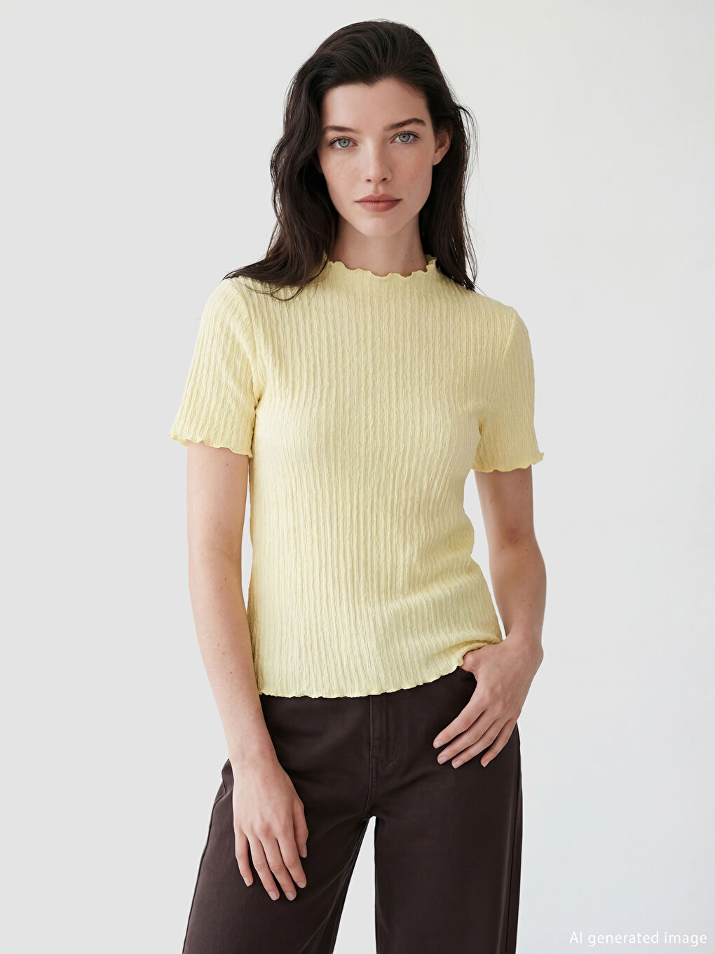 Ruffled Stand-up Collar Textured Women's T-Shirt