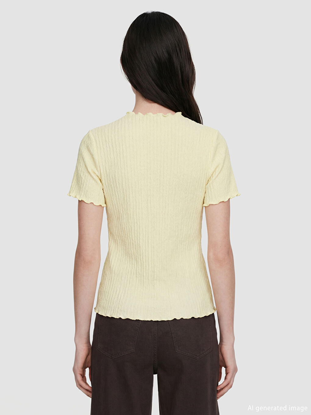 Ruffled Stand-up Collar Textured Women's T-Shirt-3