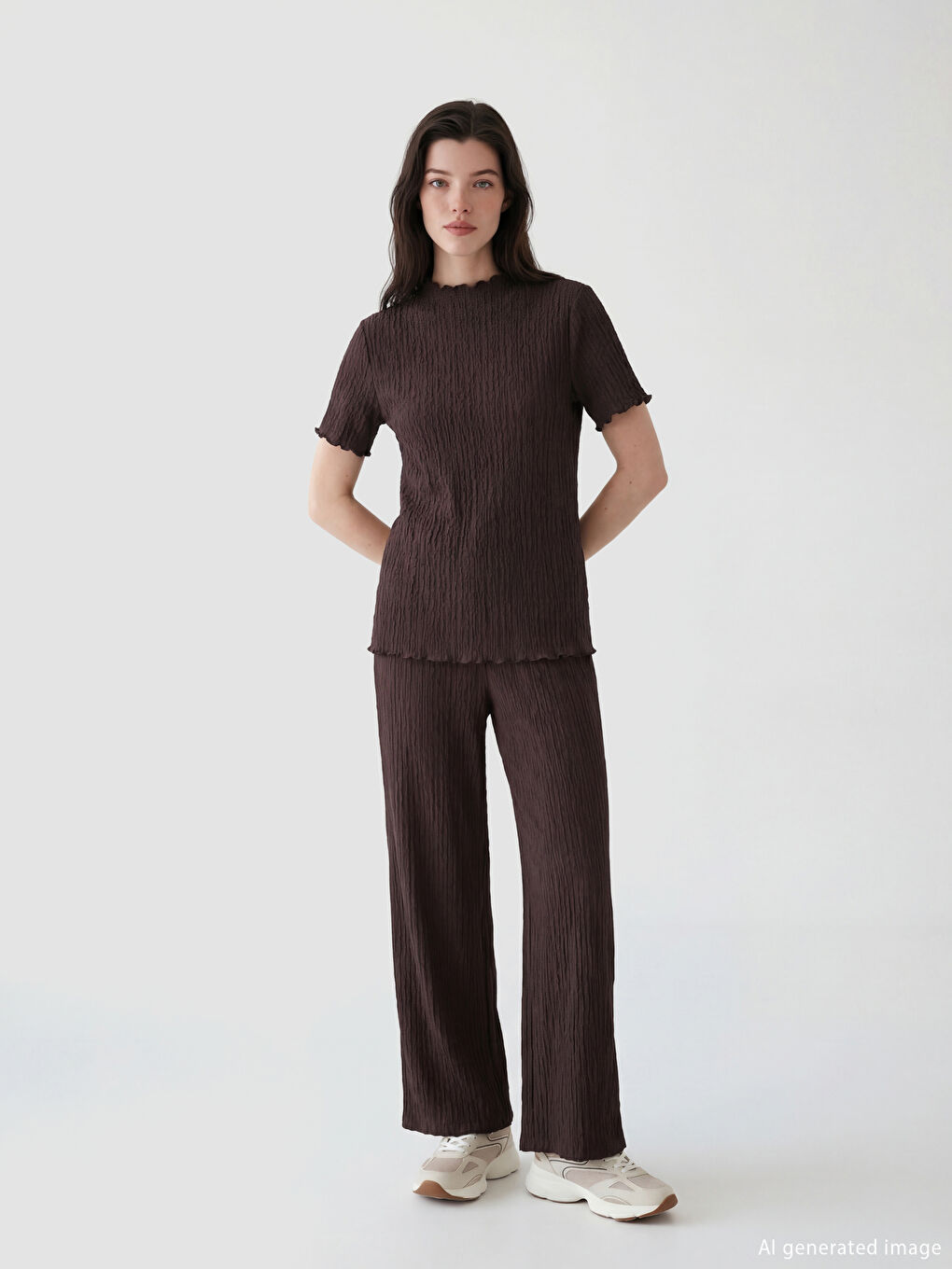 Ruffled Stand-up Collar Textured Women's T-Shirt-1