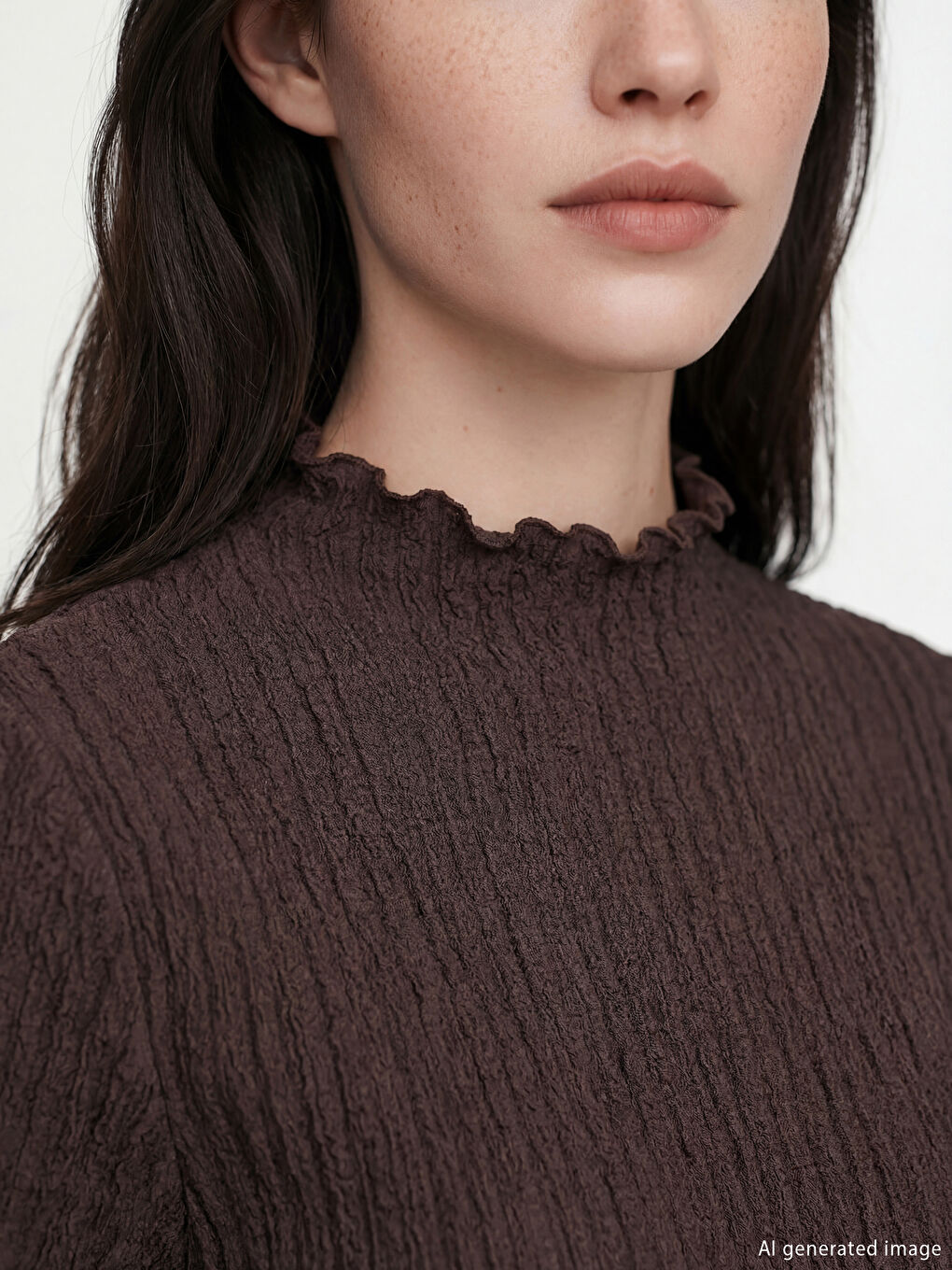 Ruffled Stand-up Collar Textured Women's T-Shirt-2