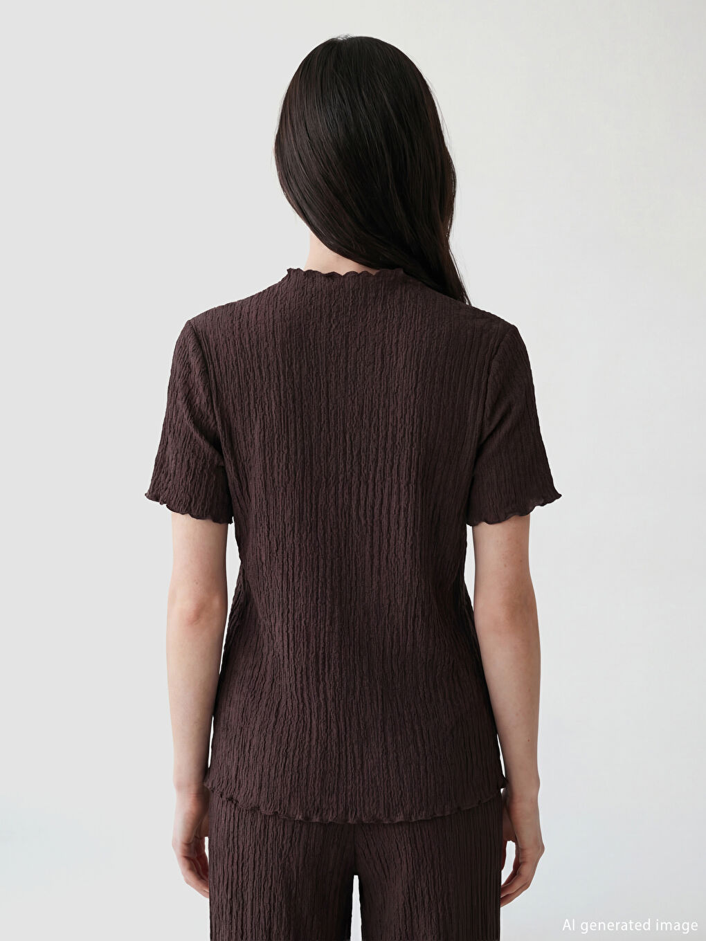 Ruffled Stand-up Collar Textured Women's T-Shirt-3