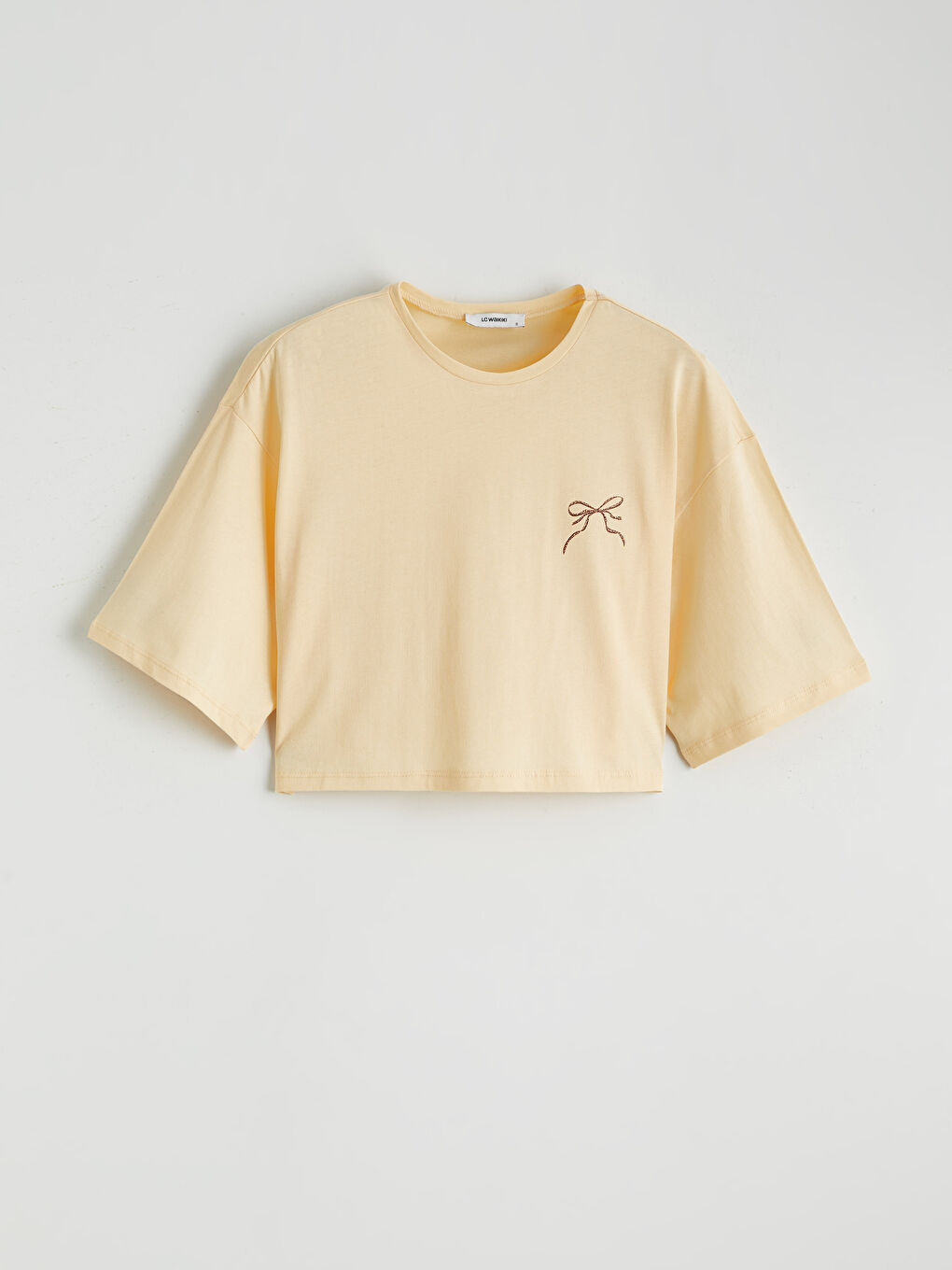 Sarı Bisiklet Yaka Baskılı Oversize Kadın Crop-4