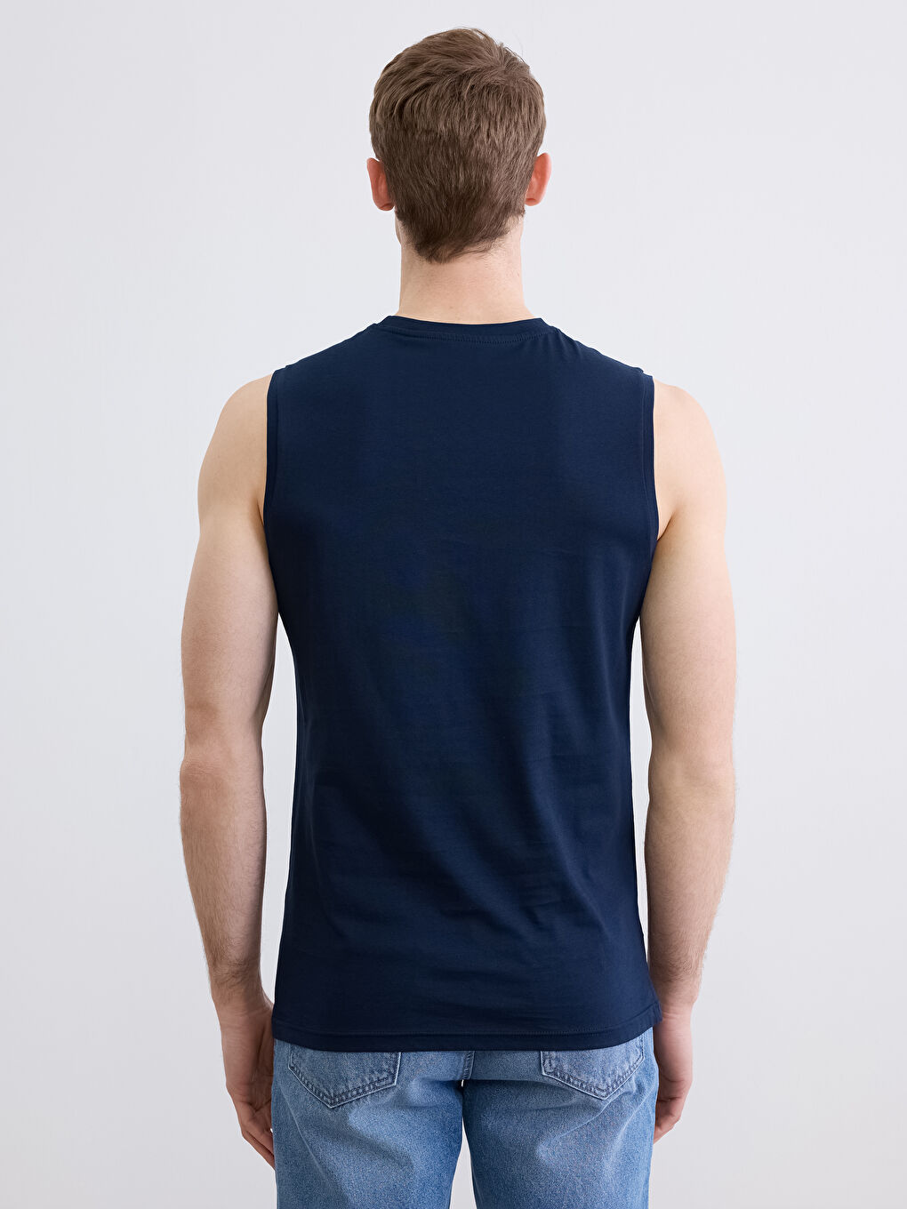 Lacivert Bisiklet Yaka Baskılı Erkek Kolsuz Tişört-3