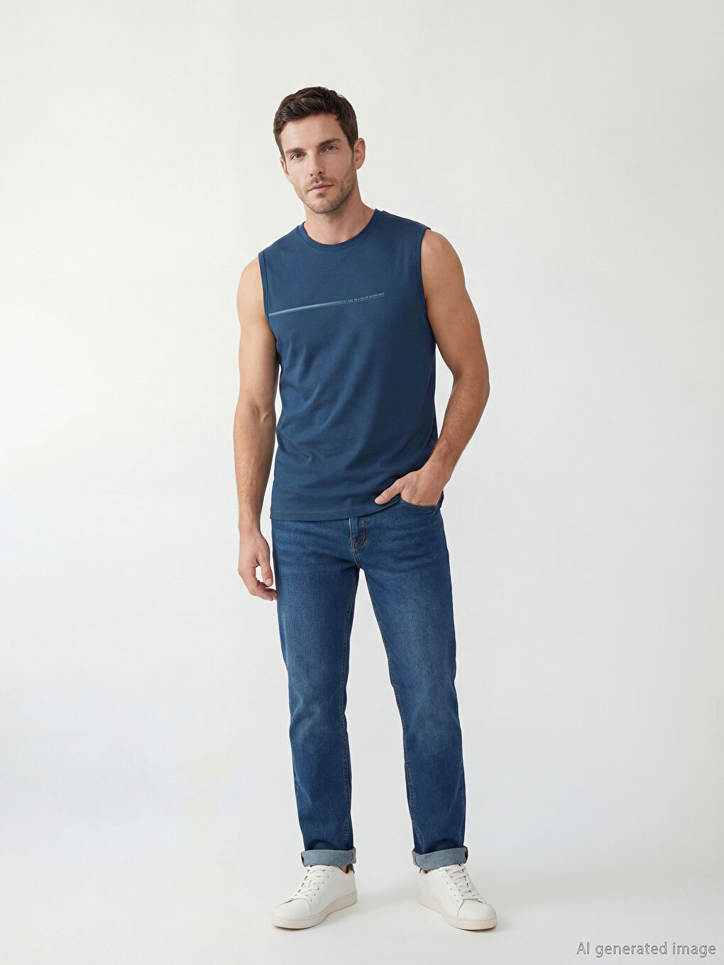 Lacivert Bisiklet Yaka Baskılı Erkek Kolsuz Tişört-1