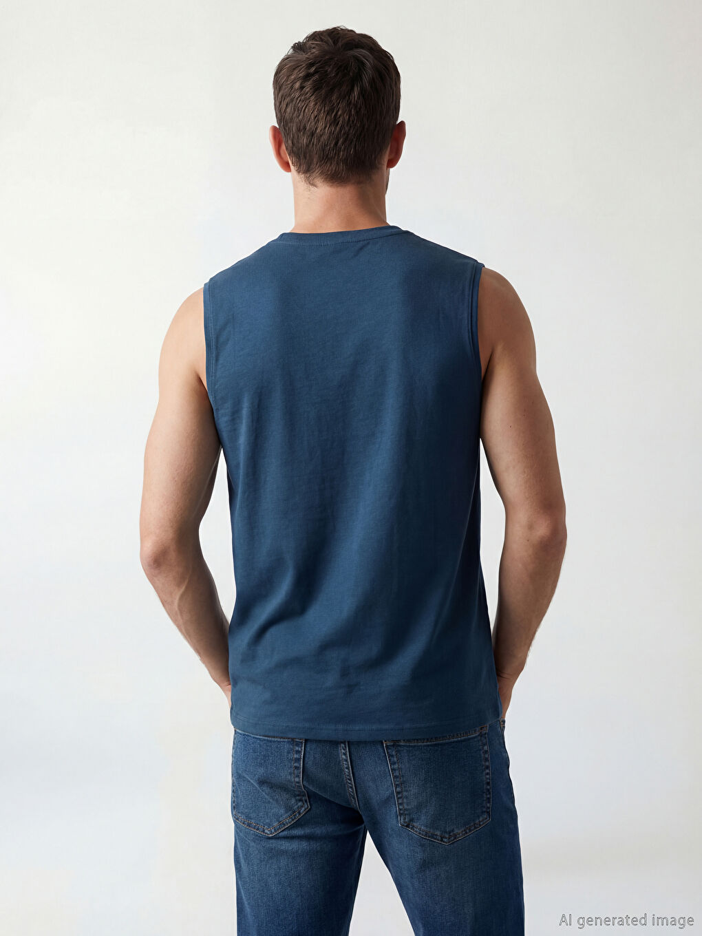 Lacivert Bisiklet Yaka Baskılı Erkek Kolsuz Tişört-2