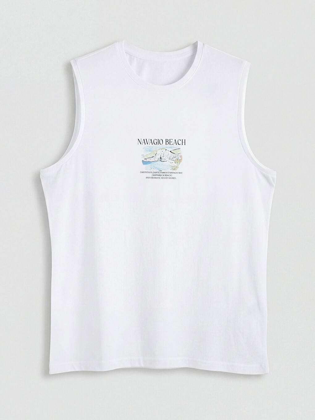 Beyaz Bisiklet Yaka Baskılı Erkek Kolsuz Tişört