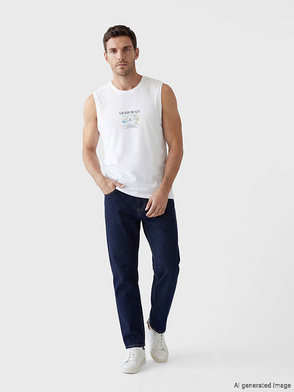 Beyaz Bisiklet Yaka Baskılı Erkek Kolsuz Tişört-1