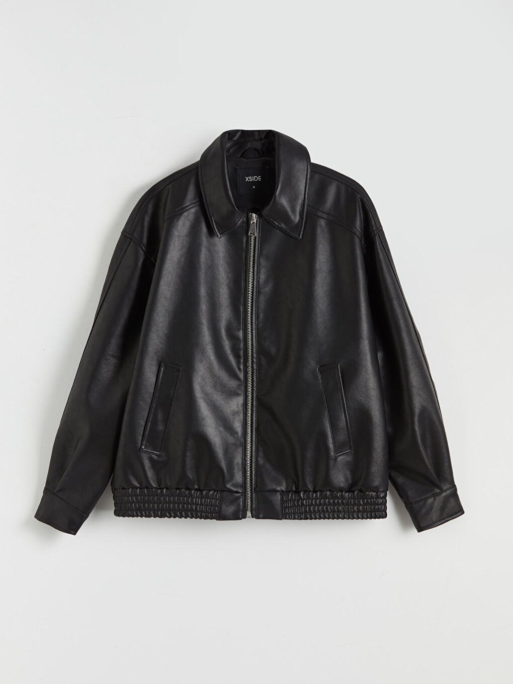 Siyah Gömlek Yaka Oversize Kadın Deri Görünümlü Ceket-5