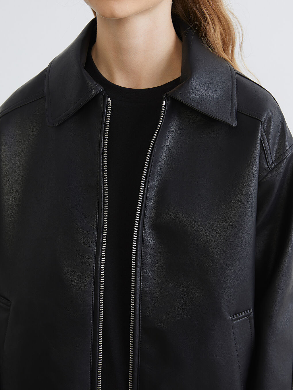 Collared Neck Oversize Women's Faux Leather Jacket-2