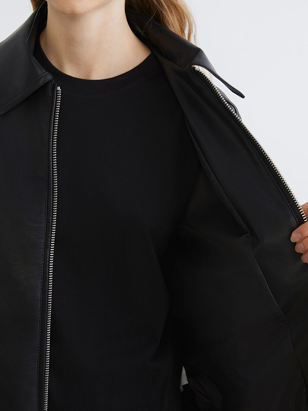 Collared Neck Oversize Women's Faux Leather Jacket-3