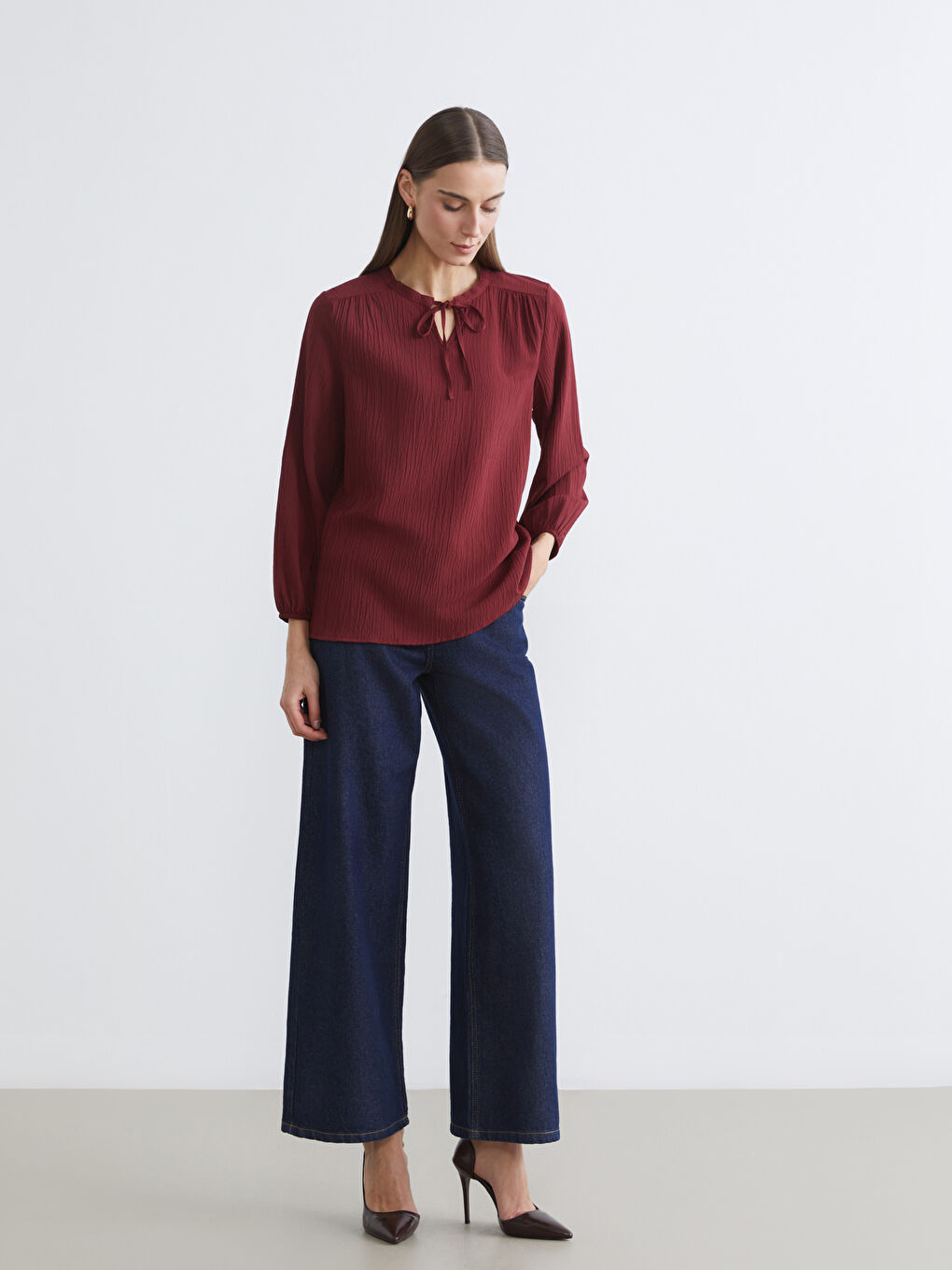 Bordo Bağlamalı Yaka Dokulu Bluz	-1