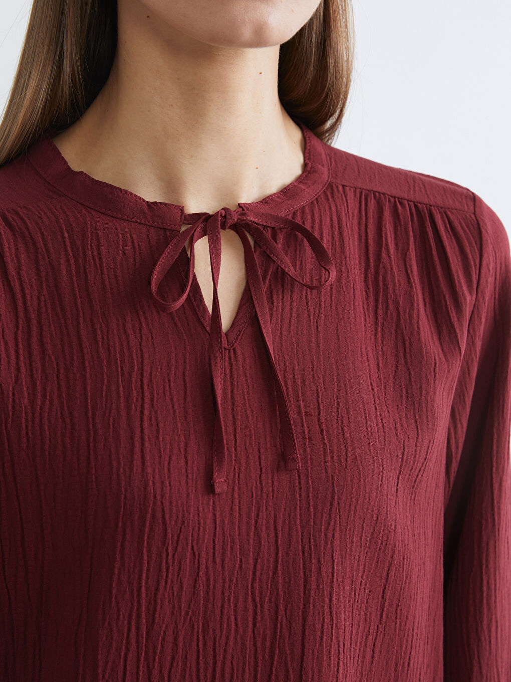 Bordo Bağlamalı Yaka Dokulu Bluz	-2
