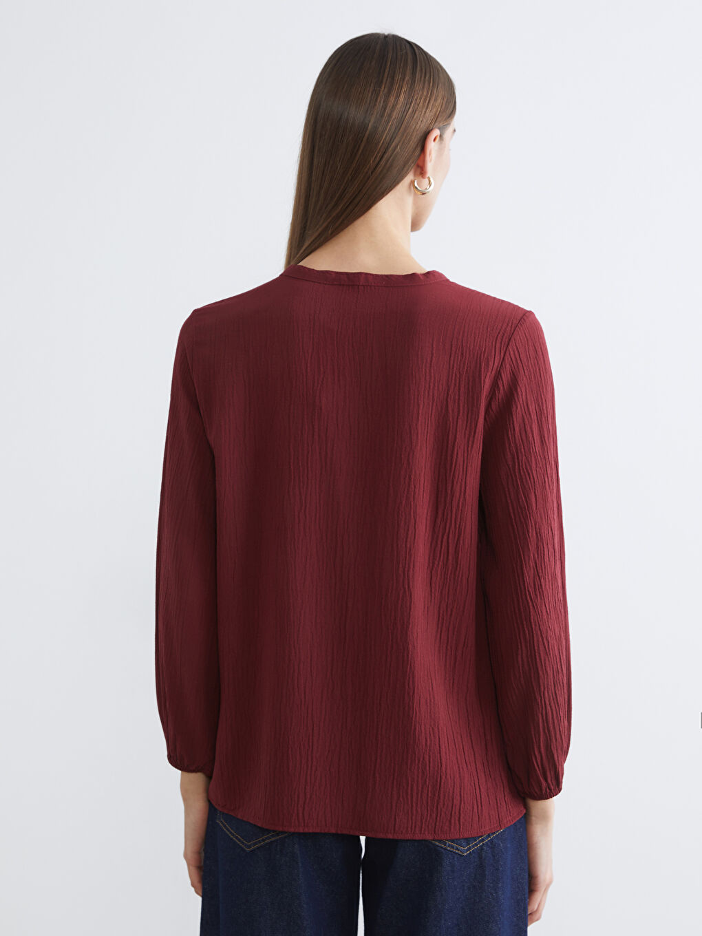 Bordo Bağlamalı Yaka Dokulu Bluz	-3