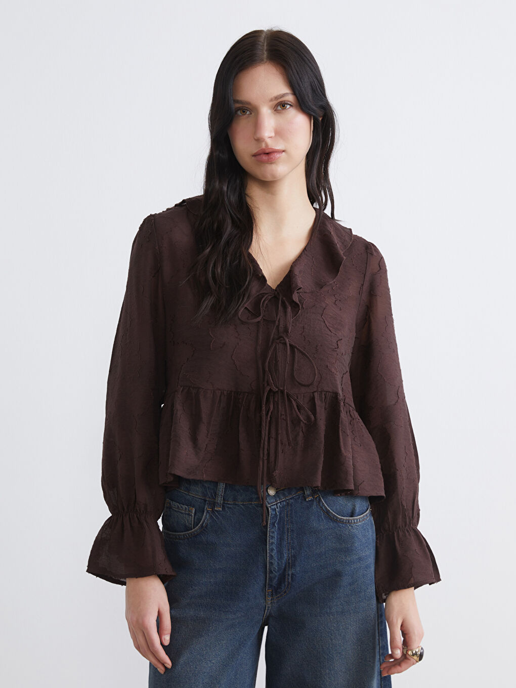 V-Neck Patterned Ruffle Blouse	
