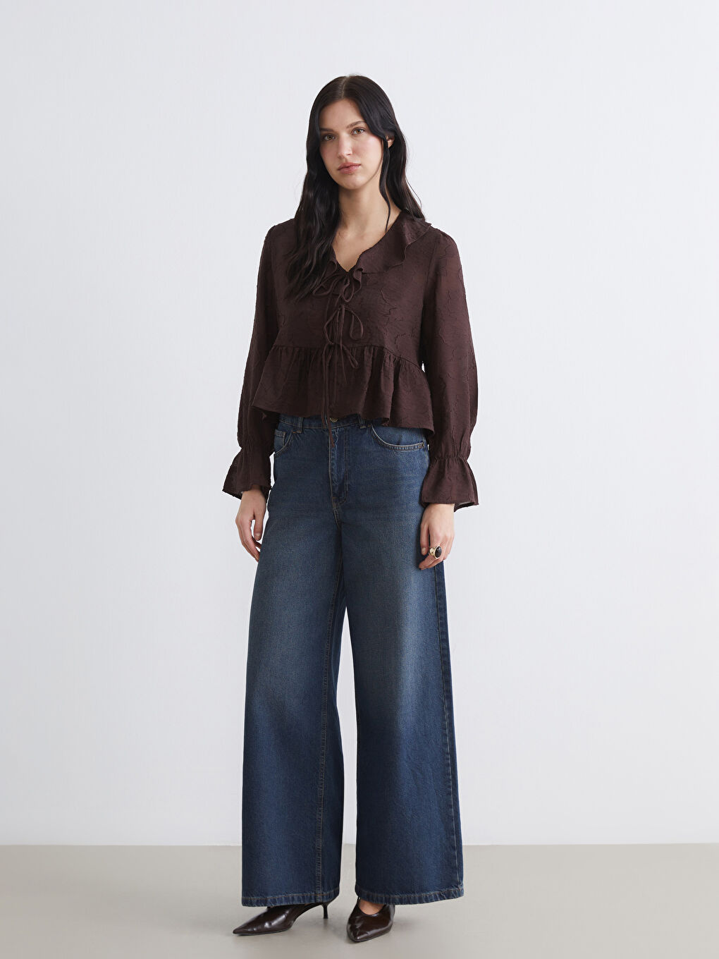 V-Neck Patterned Ruffle Blouse	
-1