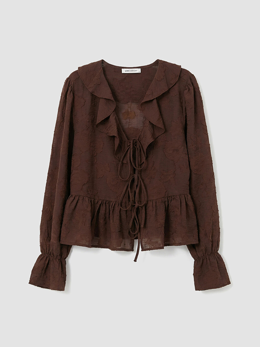 Kahverengi V Yaka Desenli Fırfırlı Bluz