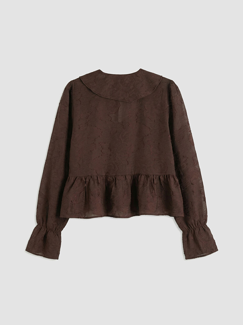 Kahverengi V Yaka Desenli Fırfırlı Bluz-1