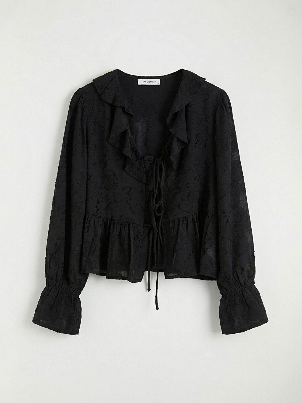 Siyah V Yaka Desenli Fırfırlı Bluz	-1