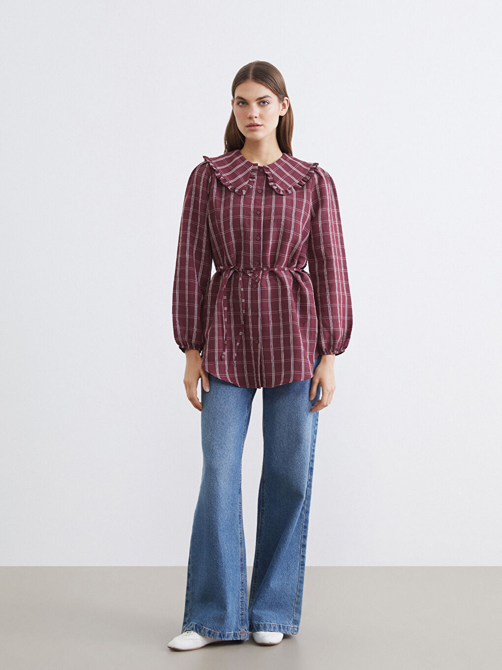 Peter Pan Collar Plaid Women's Shirt Tunic-1