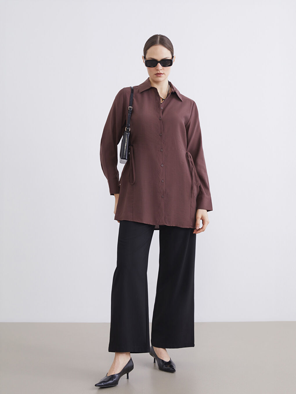 Kahverengi Bağlama Detaylı Kadın Gömlek Tunik-1