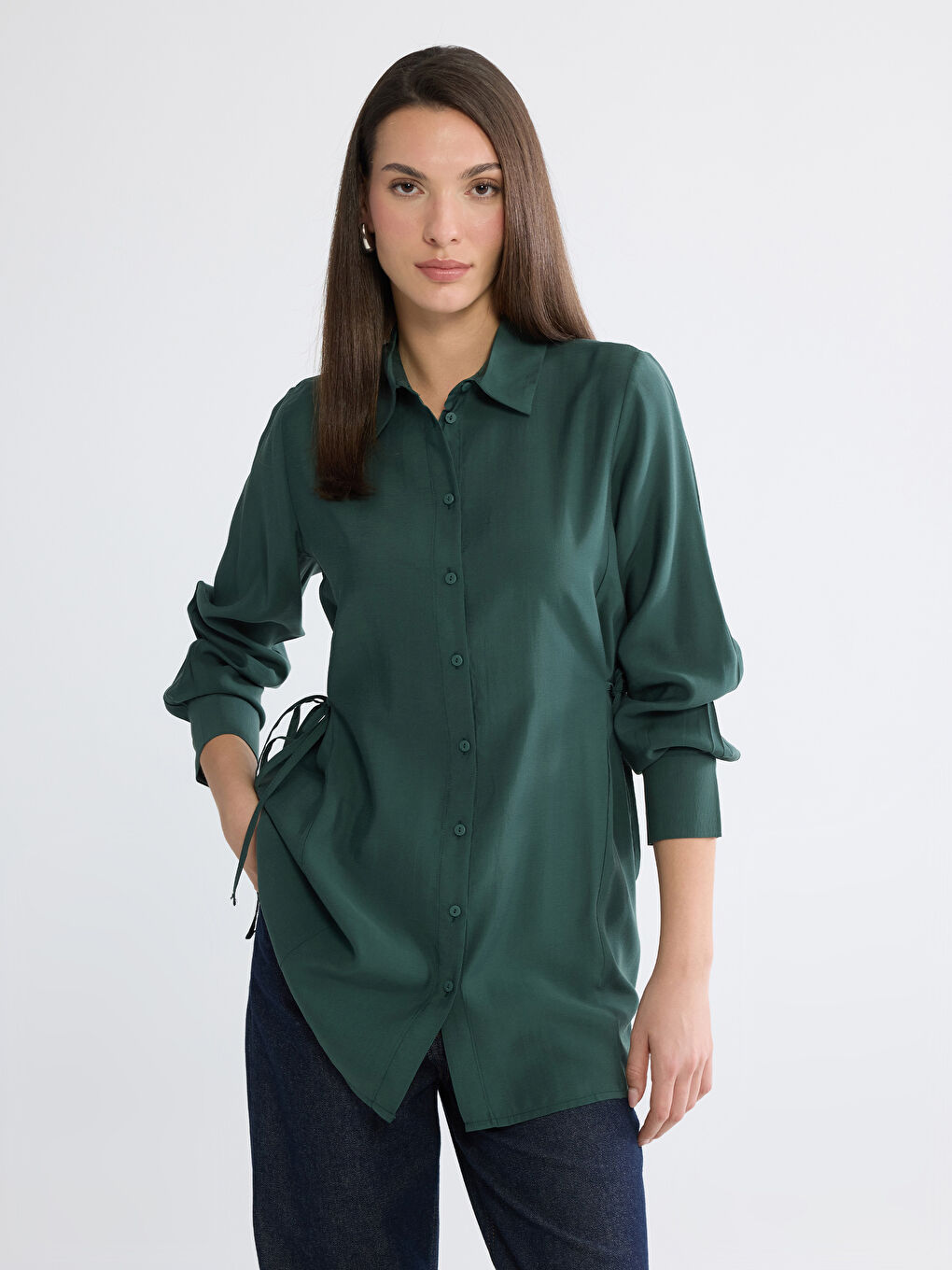 Yeşil Bağlama Detaylı Kadın Gömlek Tunik