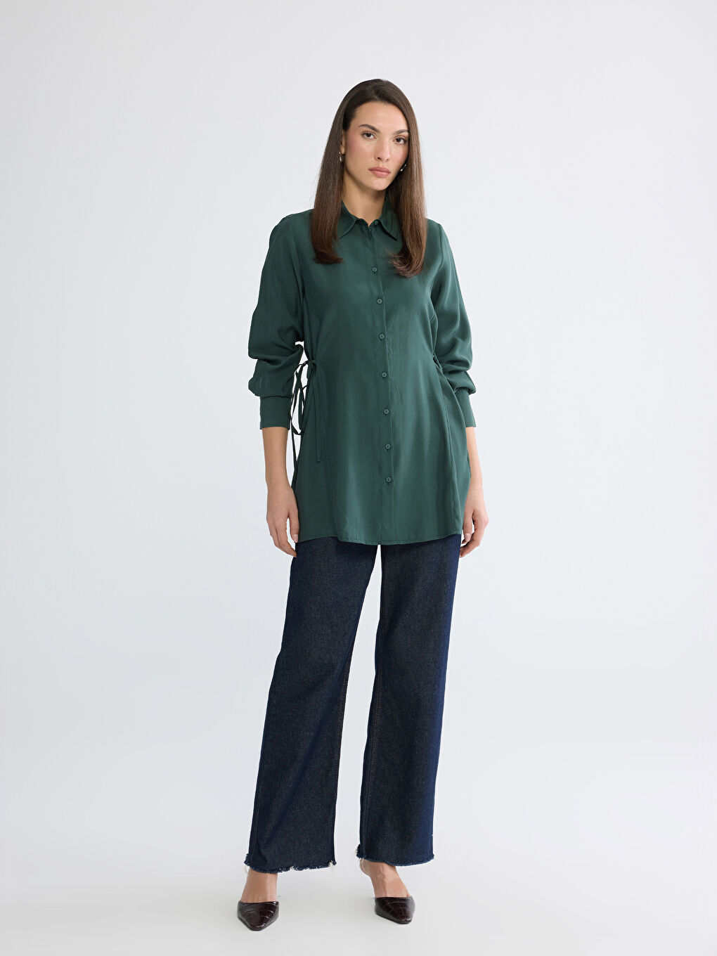 Yeşil Bağlama Detaylı Kadın Gömlek Tunik-1