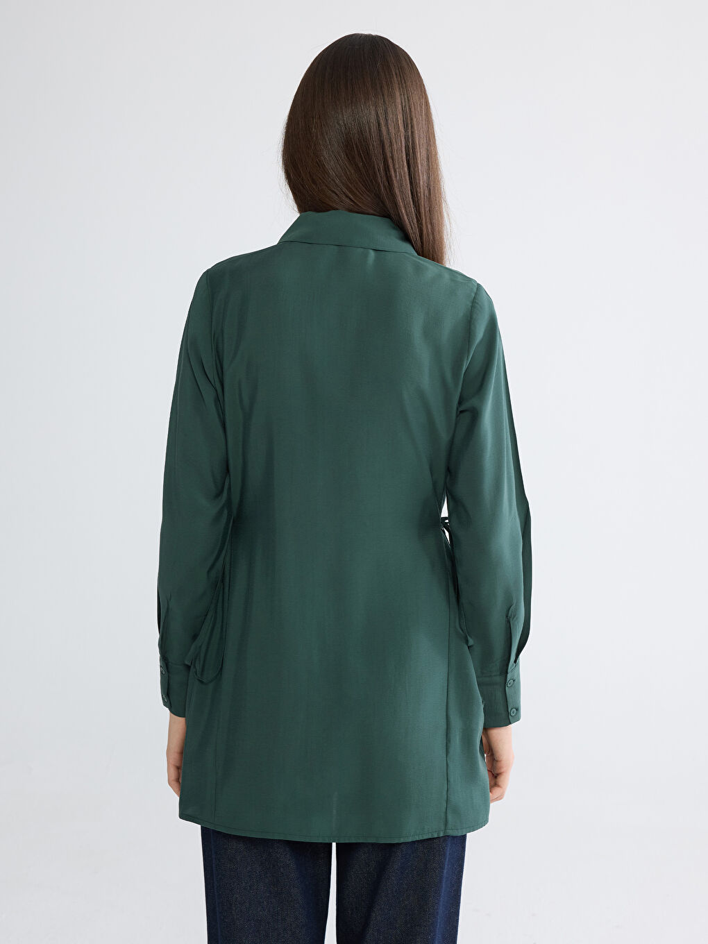 Yeşil Bağlama Detaylı Kadın Gömlek Tunik-3