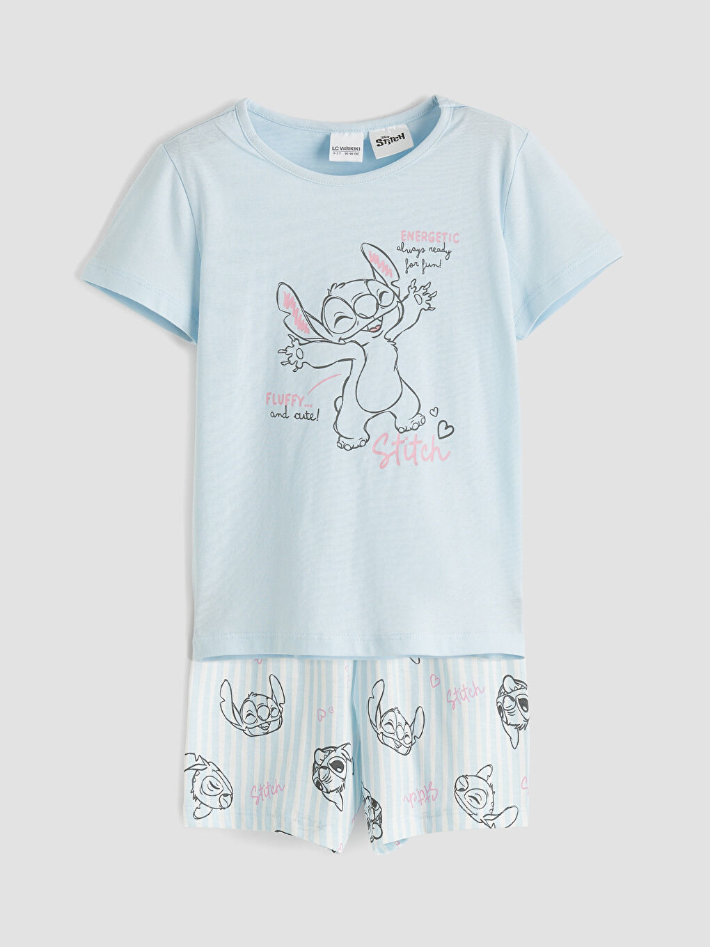 Mavi Stitch Baskılı Kız Çocuk Şortlu Pijama Takımı