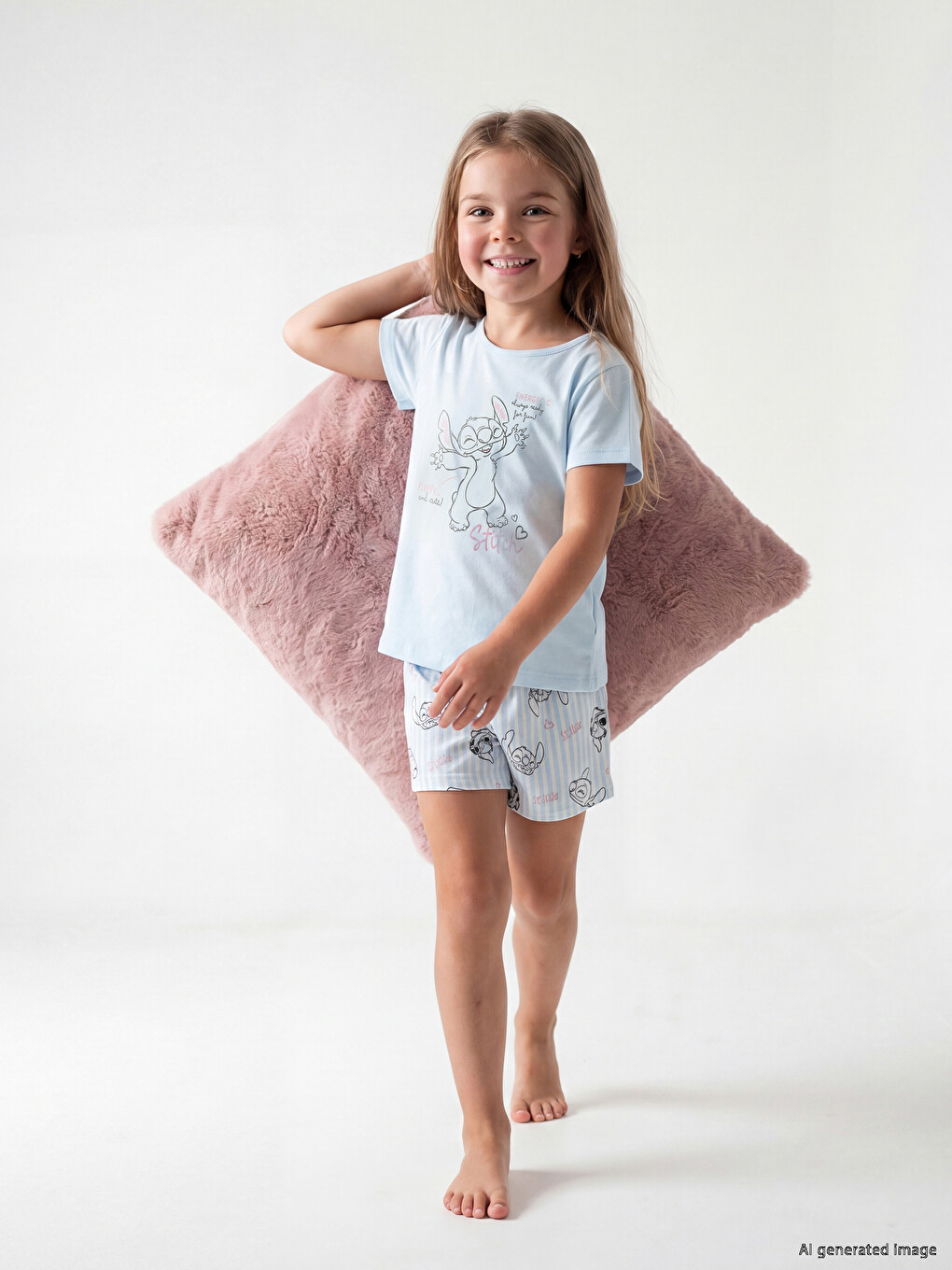 Mavi Stitch Baskılı Kız Çocuk Şortlu Pijama Takımı