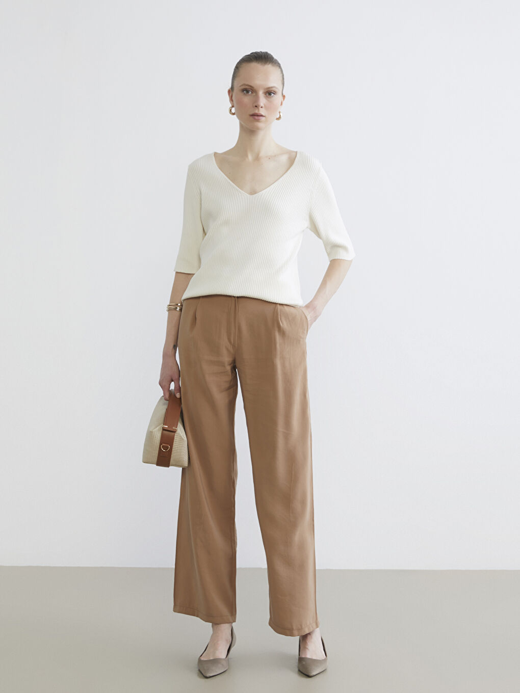 Kahverengi Geniş Paça Kadın Pileli Pantolon